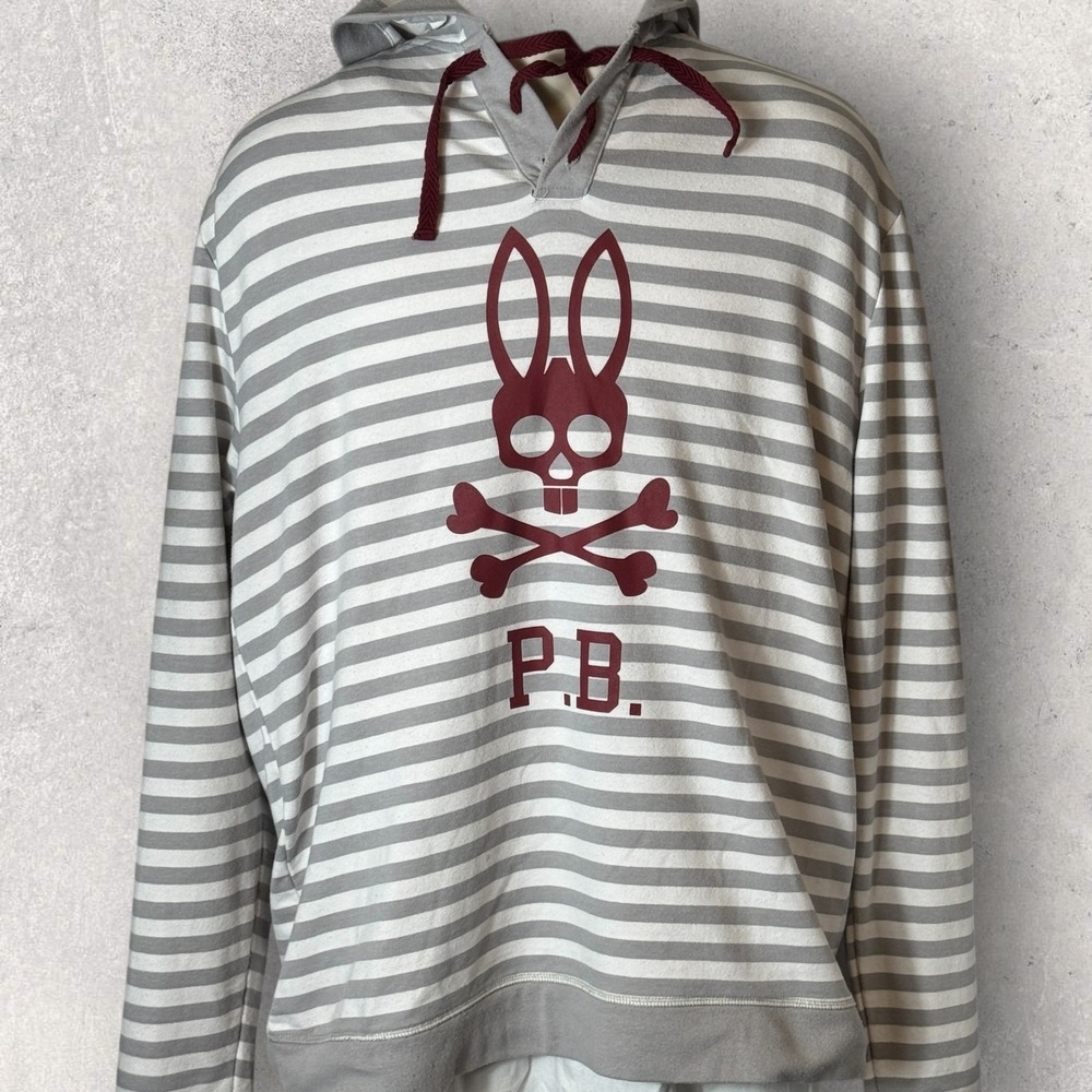 Psycho Bunny Hoodie Men's Large Gray Striped Big Logo Graphic Pullover